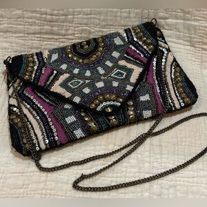 Beaded Multicolor Clutch Bag/ Metal rope style Shoulder Strap
